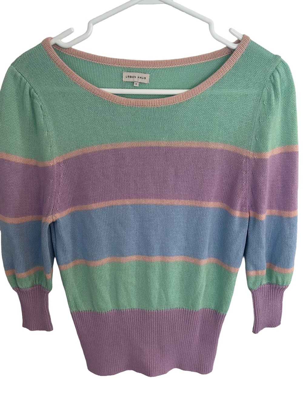 The Urban Haus Women’s Pastel Striped Knit Sweater Top Puff Sleeve- Size S